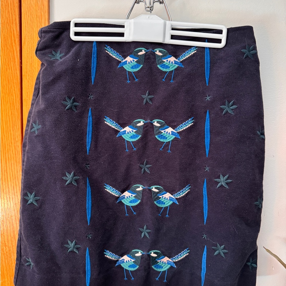 Boden Navy Pencil Skirt with Blue & Teal Bird Embroidery
